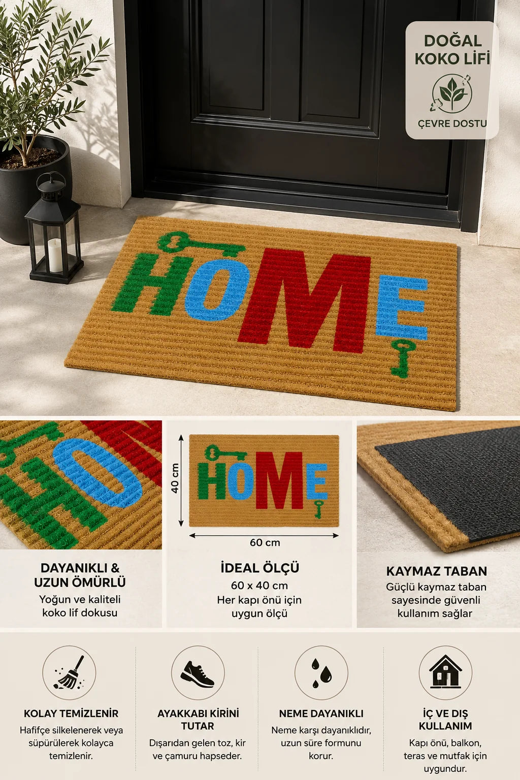 HOME yazılı  Anahtar Desenli Kaymaz Taban Dekoratif Kapı Önü Paspası 40x60 cm