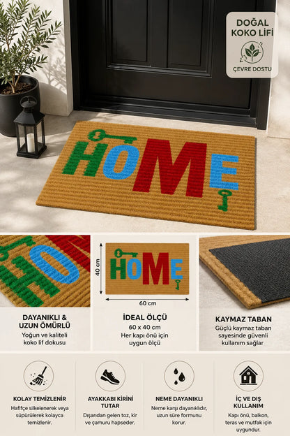 HOME yazılı  Anahtar Desenli Kaymaz Taban Dekoratif Kapı Önü Paspası 40x60 cm