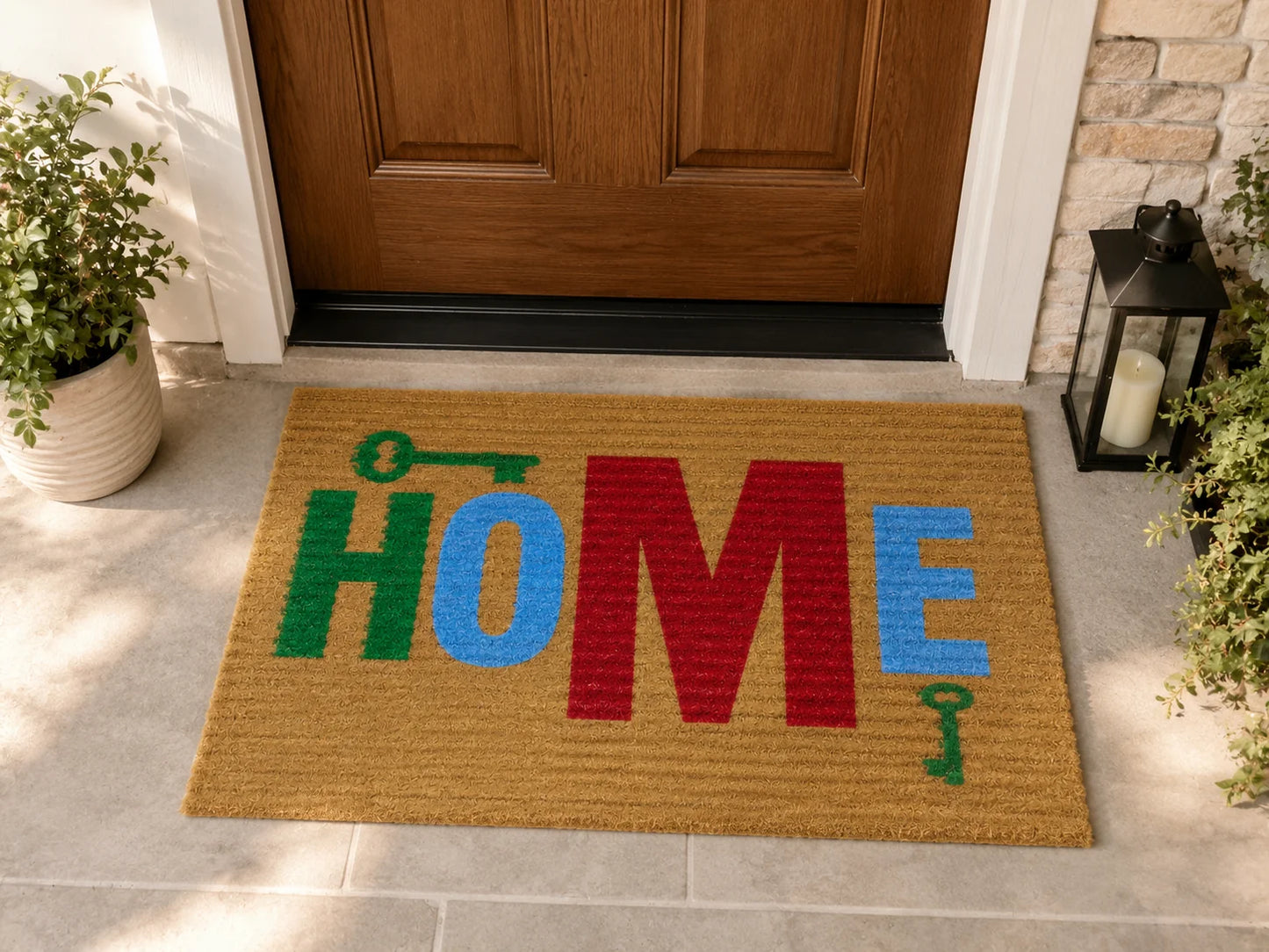 HOME yazılı  Anahtar Desenli Kaymaz Taban Dekoratif Kapı Önü Paspası 40x60 cm