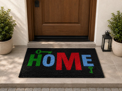 HOME yazılı  Anahtar Desenli Kaymaz Taban Dekoratif Kapı Önü Paspası 40x60 cm