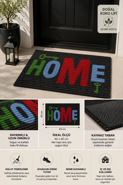 HOME yazılı  Anahtar Desenli Kaymaz Taban Dekoratif Kapı Önü Paspası 40x60 cm